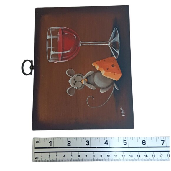 Mouse With Cheese And Wine Original Painting On Wood Signed Eddie Handpainted #3 - Picture 7 of 8